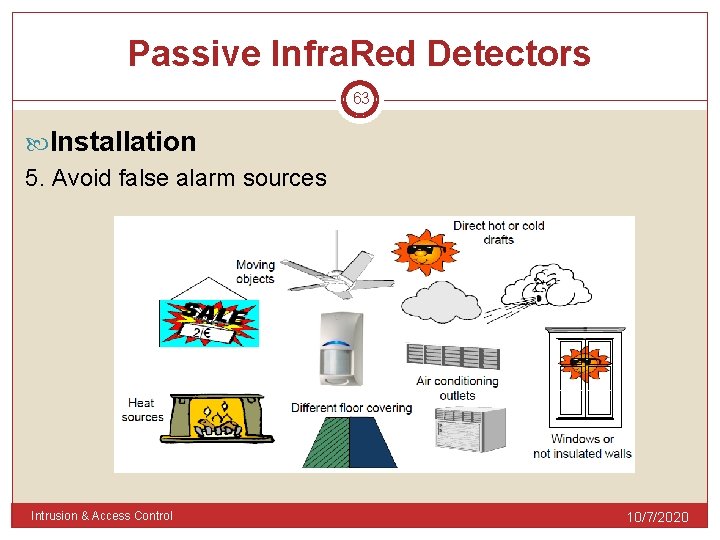 Passive Infra. Red Detectors 63 Installation 5. Avoid false alarm sources Intrusion & Access