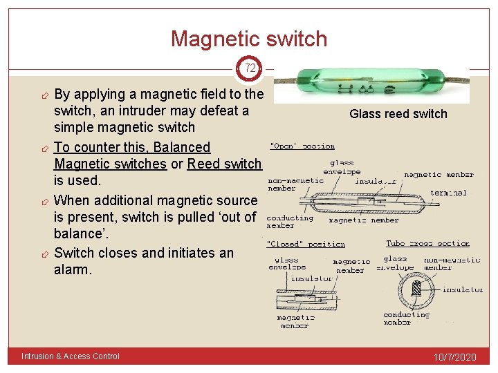 Magnetic switch 72 By applying a magnetic field to the switch, an intruder may