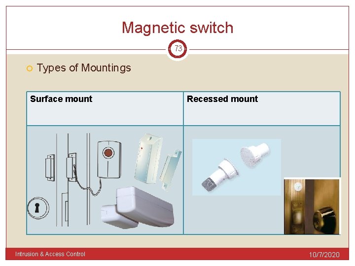 Magnetic switch 73 Types of Mountings Surface mount Intrusion & Access Control Recessed mount
