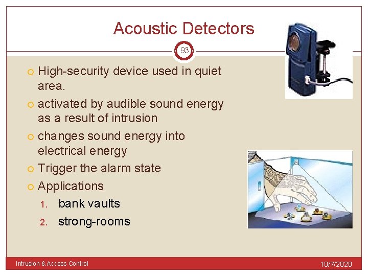 Acoustic Detectors 93 High-security device used in quiet area. activated by audible sound energy