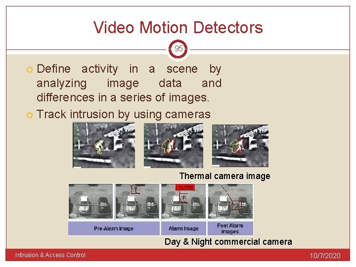 Video Motion Detectors 95 Define activity in a scene by analyzing image data and