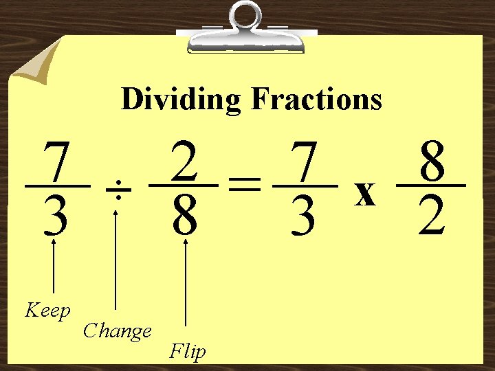 Dividing Fractions 7 3 Keep ÷ Change 2 = 7 8 3 Flip x