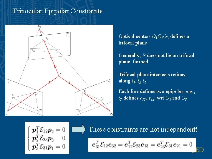 Trinocular Epipolar Constraints Optical centers O 1 O 2 O 3 defines a trifocal