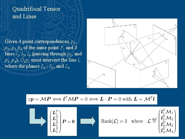 Quadrifocal Tensor and Lines Given 4 point correspondences, p 1, p 2, p 3,