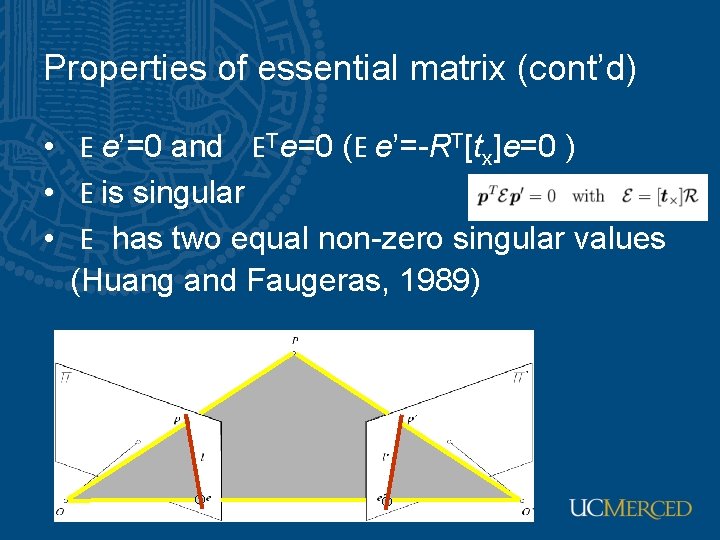 Properties of essential matrix (cont’d) • E e’=0 and ETe=0 (E e’=-RT[tx]e=0 ) •