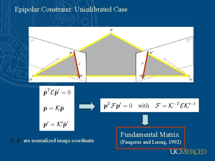 Epipolar Constraint: Uncalibrated Case are normalized image coordinate Fundamental Matrix (Faugeras and Luong, 1992)