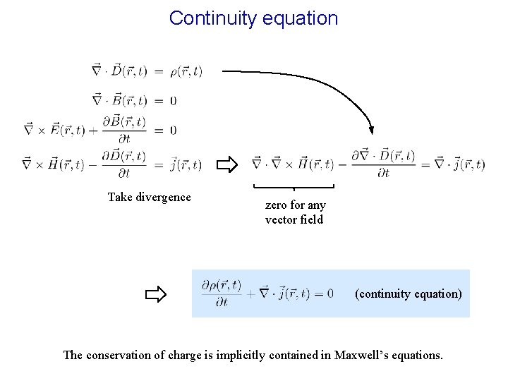 Continuity equation Take divergence zero for any vector field (continuity equation) The conservation of