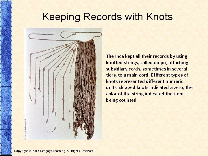 Keeping Records with Knots The Inca kept all their records by using knotted strings,