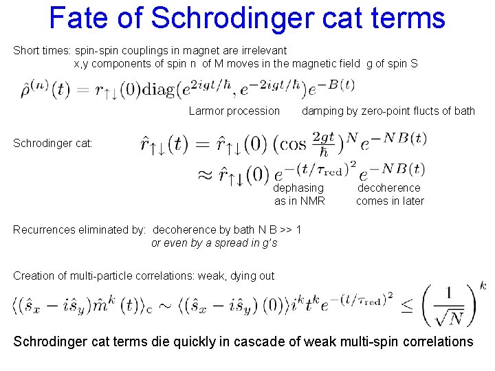 Fate of Schrodinger cat terms Short times: spin-spin couplings in magnet are irrelevant x,