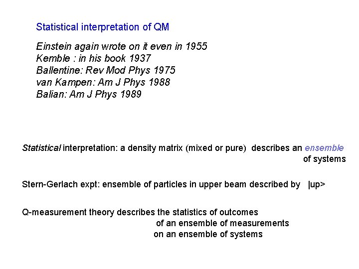 Statistical interpretation of QM Einstein again wrote on it even in 1955 Kemble :
