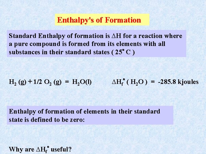 Enthalpy's of Formation Standard Enthalpy of formation is ∆H for a reaction where a