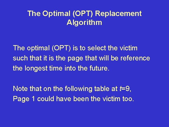 The Optimal (OPT) Replacement Algorithm The optimal (OPT) is to select the victim such