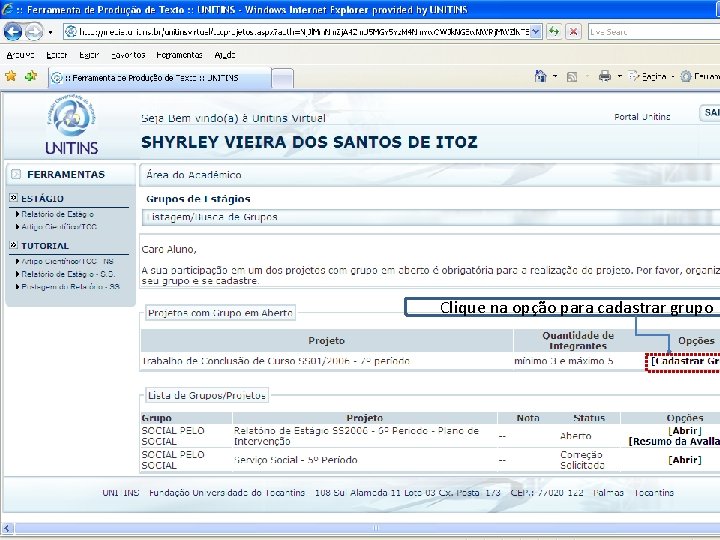 Clique na opção para cadastrar grupo 