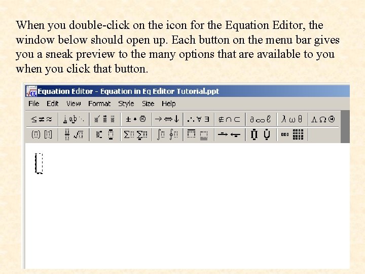 When you double-click on the icon for the Equation Editor, the window below should