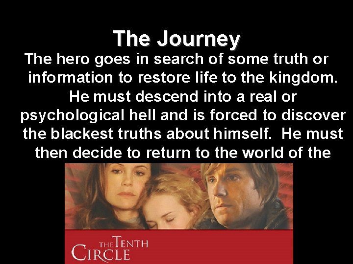 The Journey The hero goes in search of some truth or information to restore