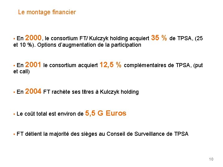 Le montage financier § En 2000, le consortium FT/ Kulczyk holding acquiert 35 % Le montage financier § En 2000, le consortium FT/ Kulczyk holding acquiert 35 %