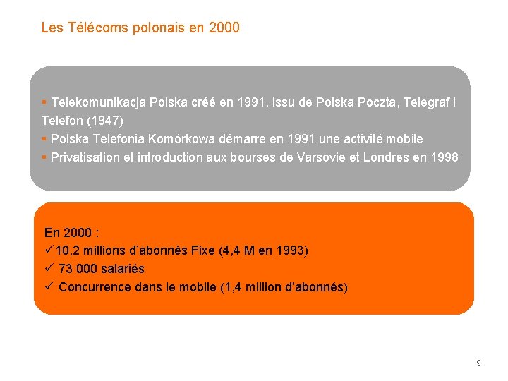 Les Télécoms polonais en 2000 § Telekomunikacja Polska créé en 1991, issu de Polska Les Télécoms polonais en 2000 § Telekomunikacja Polska créé en 1991, issu de Polska