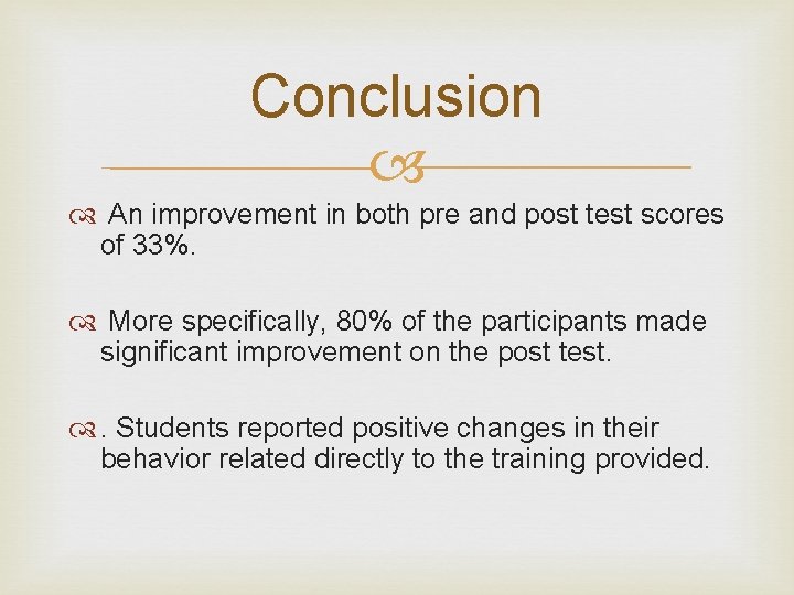 Conclusion An improvement in both pre and post test scores of 33%. More specifically, Conclusion An improvement in both pre and post test scores of 33%. More specifically,