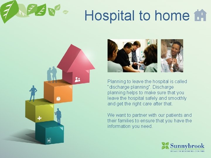 Hospital to home Planning to leave the hospital is called “discharge planning”. Discharge planning