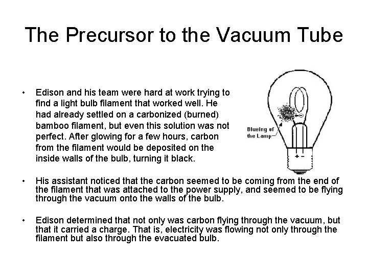 The Precursor to the Vacuum Tube • Edison and his team were hard at