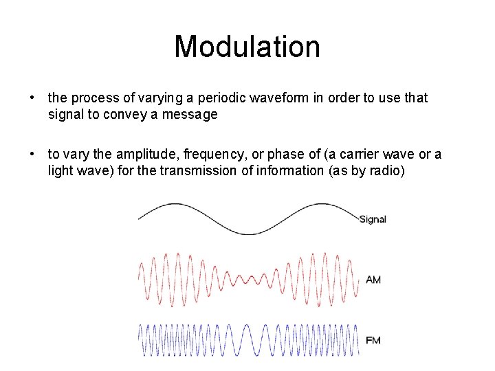 Modulation • the process of varying a periodic waveform in order to use that