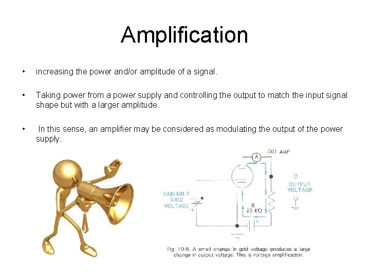 Amplification • increasing the power and/or amplitude of a signal. • Taking power from