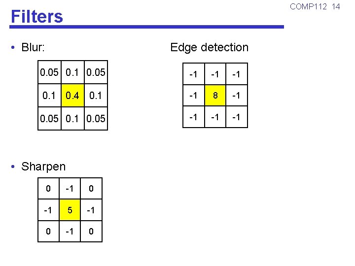 COMP 112 14 Filters • Blur: Edge detection 0. 05 0. 1 0. 05