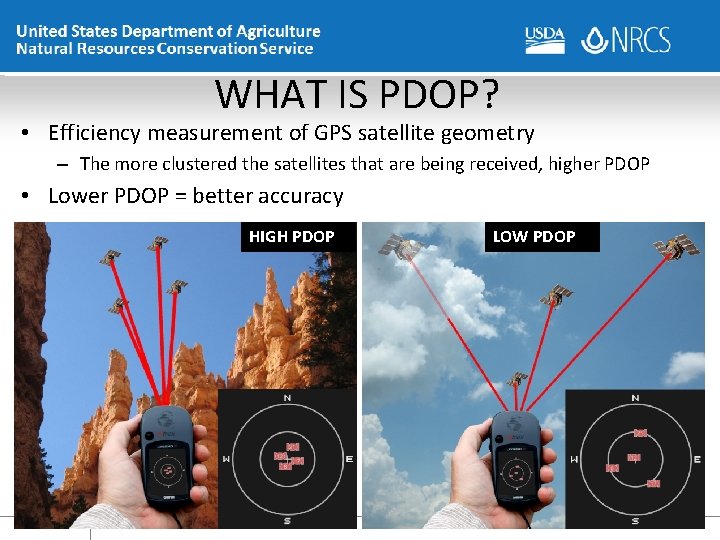 WHAT IS PDOP? • Efficiency measurement of GPS satellite geometry – The more clustered