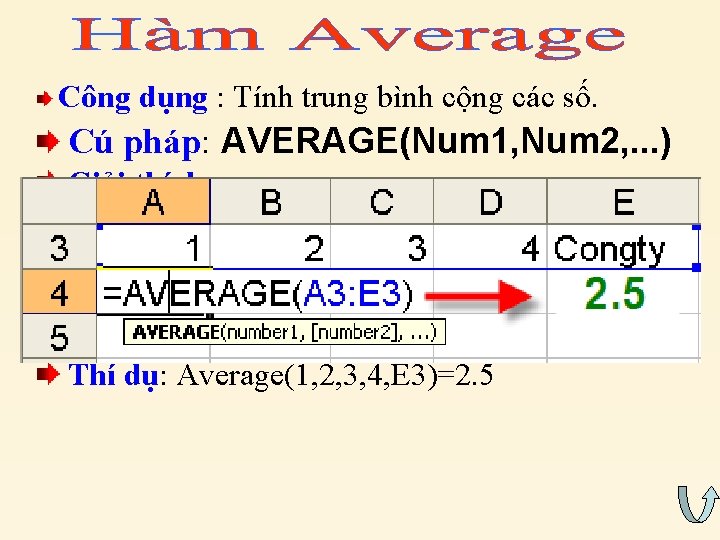 Công dụng : Tính trung bình cộng các số. Cú pháp: AVERAGE(Num 1, Num