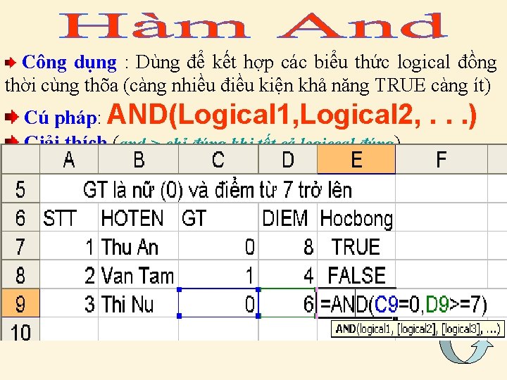 Công dụng : Dùng để kết hợp các biểu thức logical đồng thời cùng