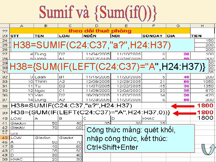 H 38=SUMIF(C 24: C 37, "a? ", H 24: H 37) H 38={SUM(IF(LEFT(C 24: