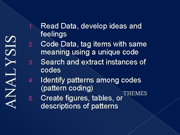 ANALYSIS 1. 2. 3. 4. 5. Read Data, develop ideas and feelings Code Data,