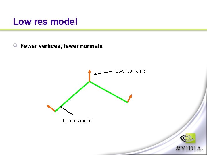 Low res model Fewer vertices, fewer normals Low res normal Low res model 