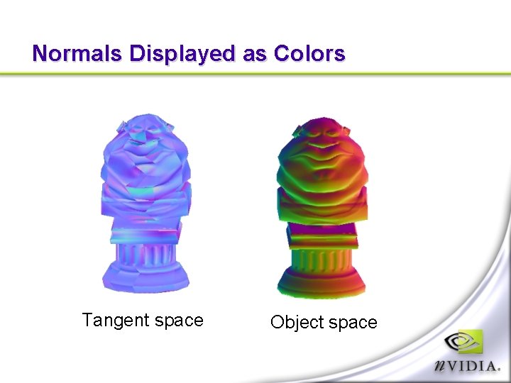 Normals Displayed as Colors Tangent space Object space 