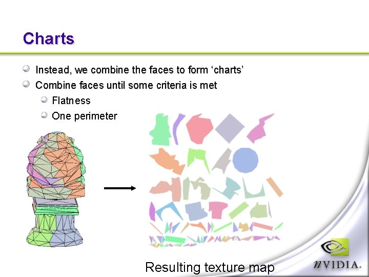 Charts Instead, we combine the faces to form ‘charts’ Combine faces until some criteria