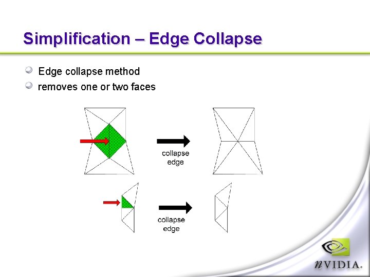 Simplification – Edge Collapse Edge collapse method removes one or two faces 