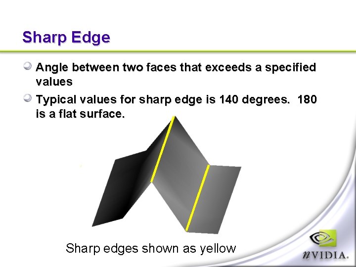 Sharp Edge Angle between two faces that exceeds a specified values Typical values for