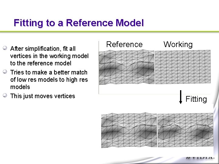 Fitting to a Reference Model After simplification, fit all vertices in the working model