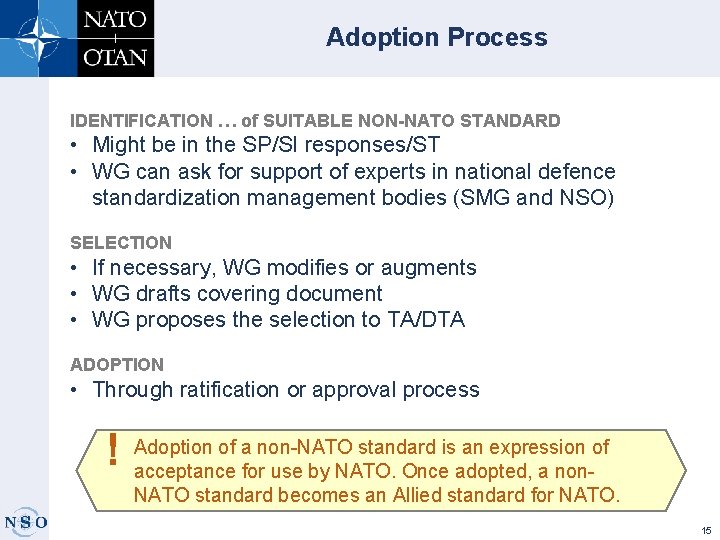 Adoption Process IDENTIFICATION … of SUITABLE NON-NATO STANDARD • Might be in the SP/SI