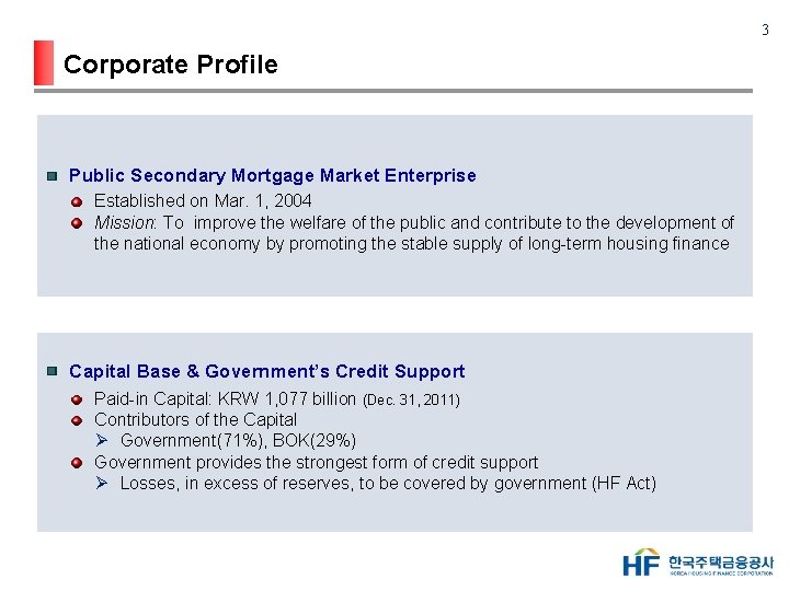 3 Corporate Profile Public Secondary Mortgage Market Enterprise Established on Mar. 1, 2004 Mission: