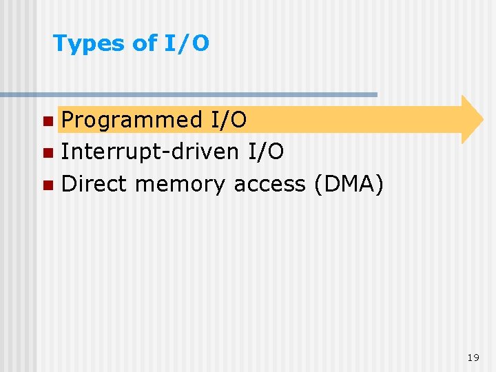 Types of I/O Programmed I/O n Interrupt-driven I/O n Direct memory access (DMA) n