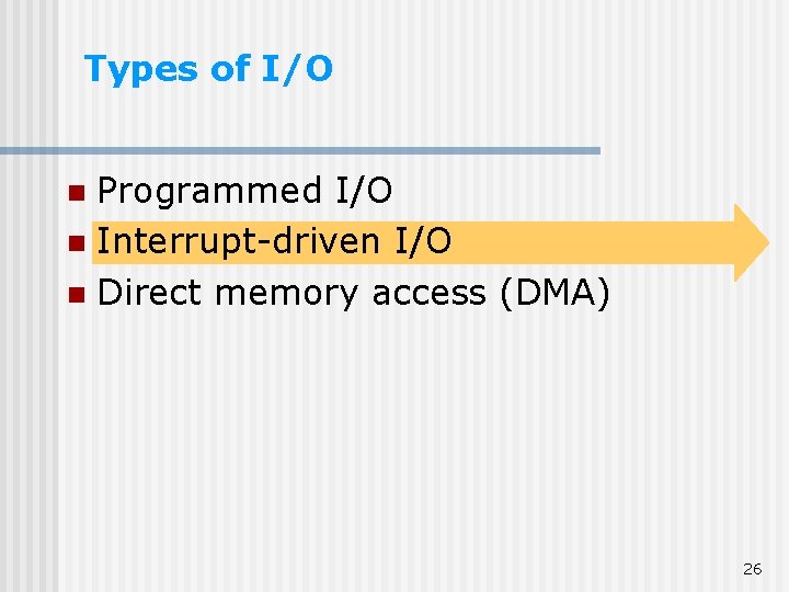 Types of I/O Programmed I/O n Interrupt-driven I/O n Direct memory access (DMA) n