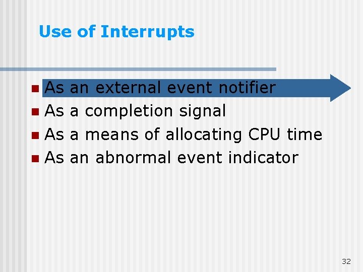 Use of Interrupts As n an external event notifier a completion signal a means