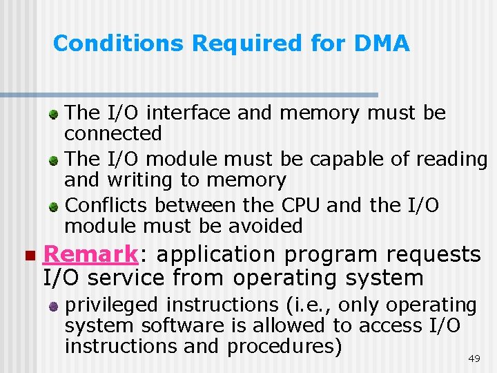 Conditions Required for DMA The I/O interface and memory must be connected The I/O