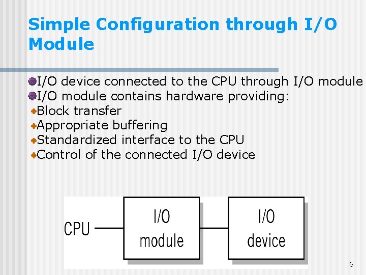 Simple Configuration through I/O Module I/O device connected to the CPU through I/O module