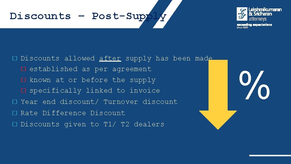 Discounts – Post-Supply � Discounts allowed after supply has been made � established as