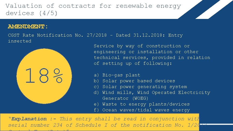 Valuation of contracts for renewable energy devices (4/5) AMENDMENT: CGST Rate Notification No. 27/2018
