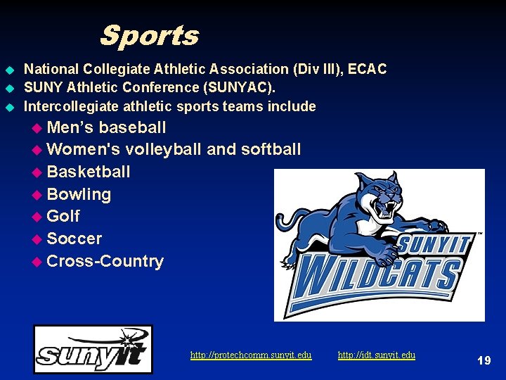 Sports u u u National Collegiate Athletic Association (Div III), ECAC SUNY Athletic Conference Sports u u u National Collegiate Athletic Association (Div III), ECAC SUNY Athletic Conference
