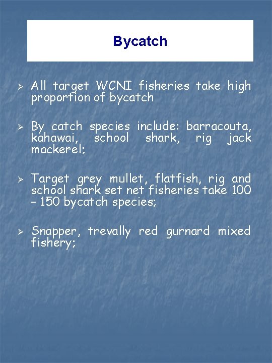 Bycatch Ø Ø All target WCNI fisheries take high proportion of bycatch By catch Bycatch Ø Ø All target WCNI fisheries take high proportion of bycatch By catch