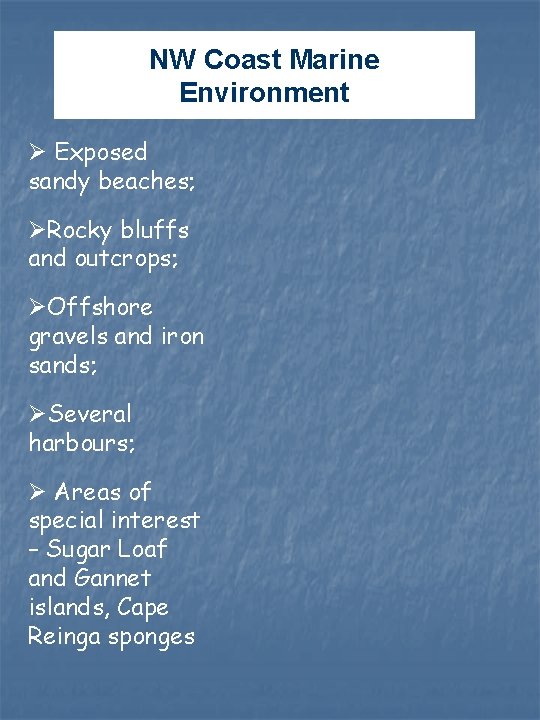 NW Coast Marine Environment Ø Exposed sandy beaches; ØRocky bluffs and outcrops; ØOffshore gravels NW Coast Marine Environment Ø Exposed sandy beaches; ØRocky bluffs and outcrops; ØOffshore gravels